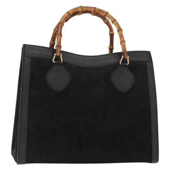 GUCCI Bamboo Hand Bag Suede Leather Black Gold